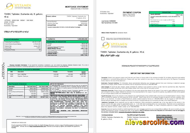 Tajikistan Spitamen Bank mortgage statement 1-2